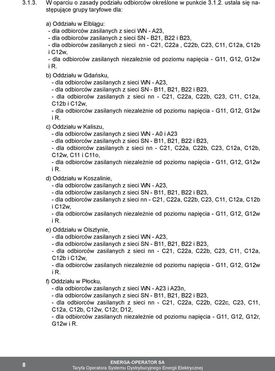sieci nn - C21, C22a, C22b, C23, C11, C12a, C12b i C12w, - dla odbiorców zasilanych niezależnie od poziomu napięcia - G11, G12, G12w i R.