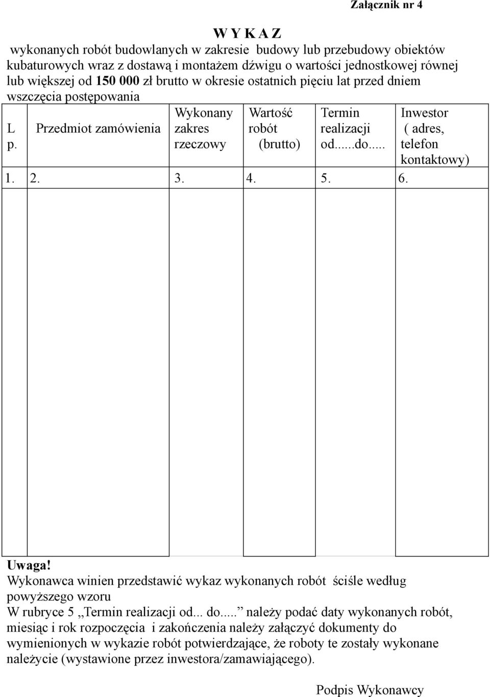 Inwestor ( adres, telefon kontaktowy) Uwaga! Wykonawca winien przedstawić wykaz wykonanych robót ściśle według powyższego wzoru W rubryce 5 Termin realizacji od... do.