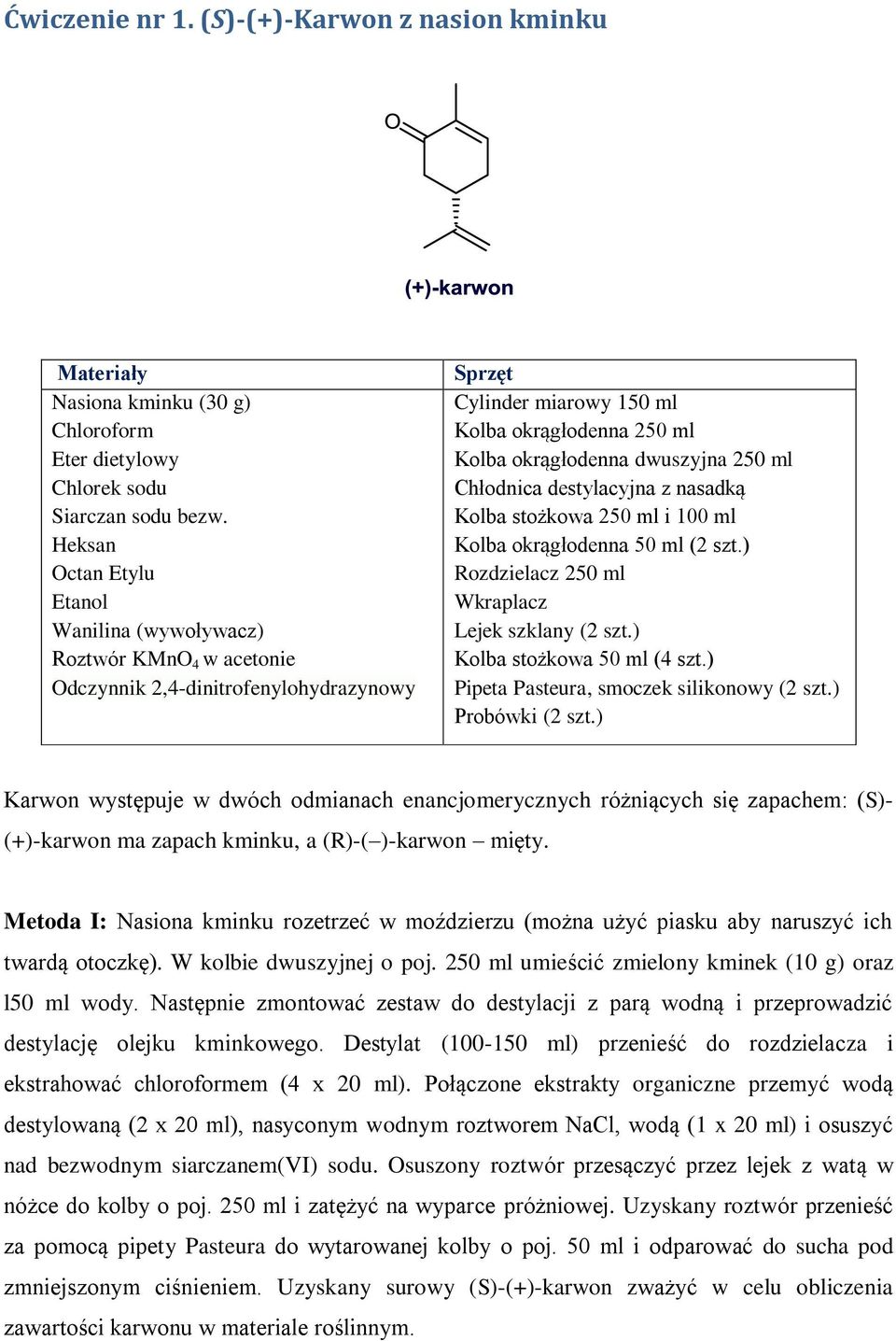 Chłodnica destylacyjna z nasadką Kolba stożkowa 250 ml i 100 ml Kolba okrągłodenna 50 ml (2 szt.) Rozdzielacz 250 ml Wkraplacz Lejek szklany (2 szt.) Kolba stożkowa 50 ml (4 szt.