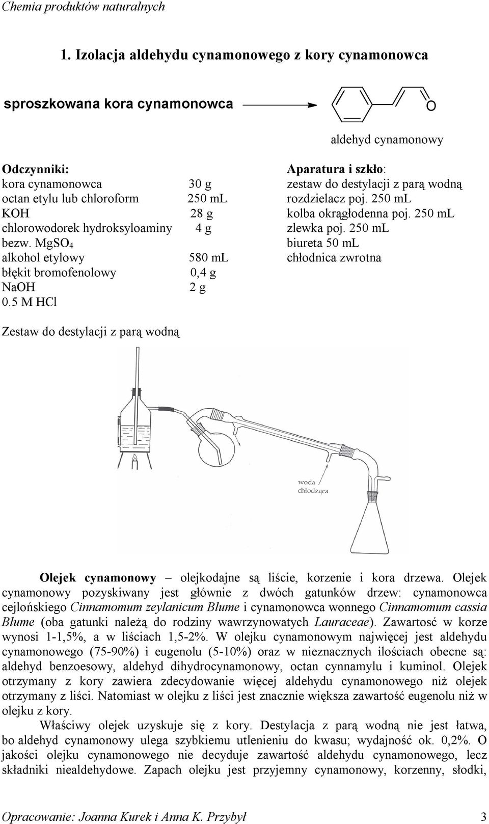 250 ml kolba okrągłodenna poj. 250 ml zlewka poj. 250 ml biureta 50 ml chłodnica zwrotna lejek cynamonowy olejkodajne są liście, korzenie i kora drzewa.