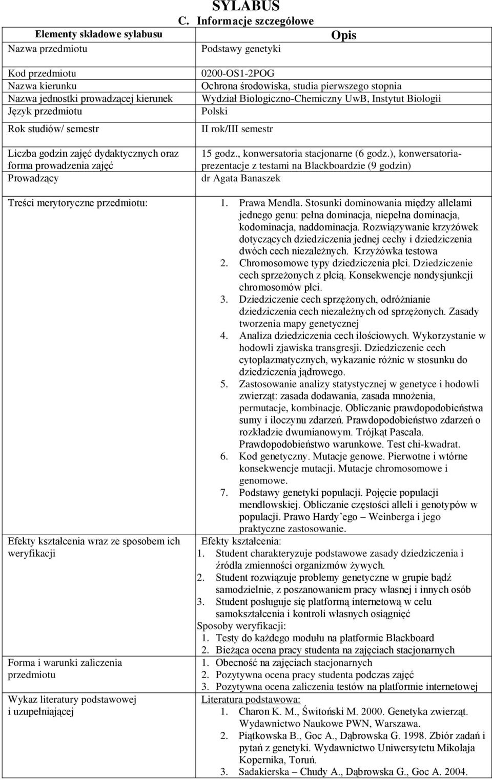 Ochrona środowiska, studia pierwszego stopnia Wydział Biologiczno-Chemiczny UwB, Instytut Biologii Polski II rok/iii semestr 15 godz., konwersatoria stacjonarne (6 godz.