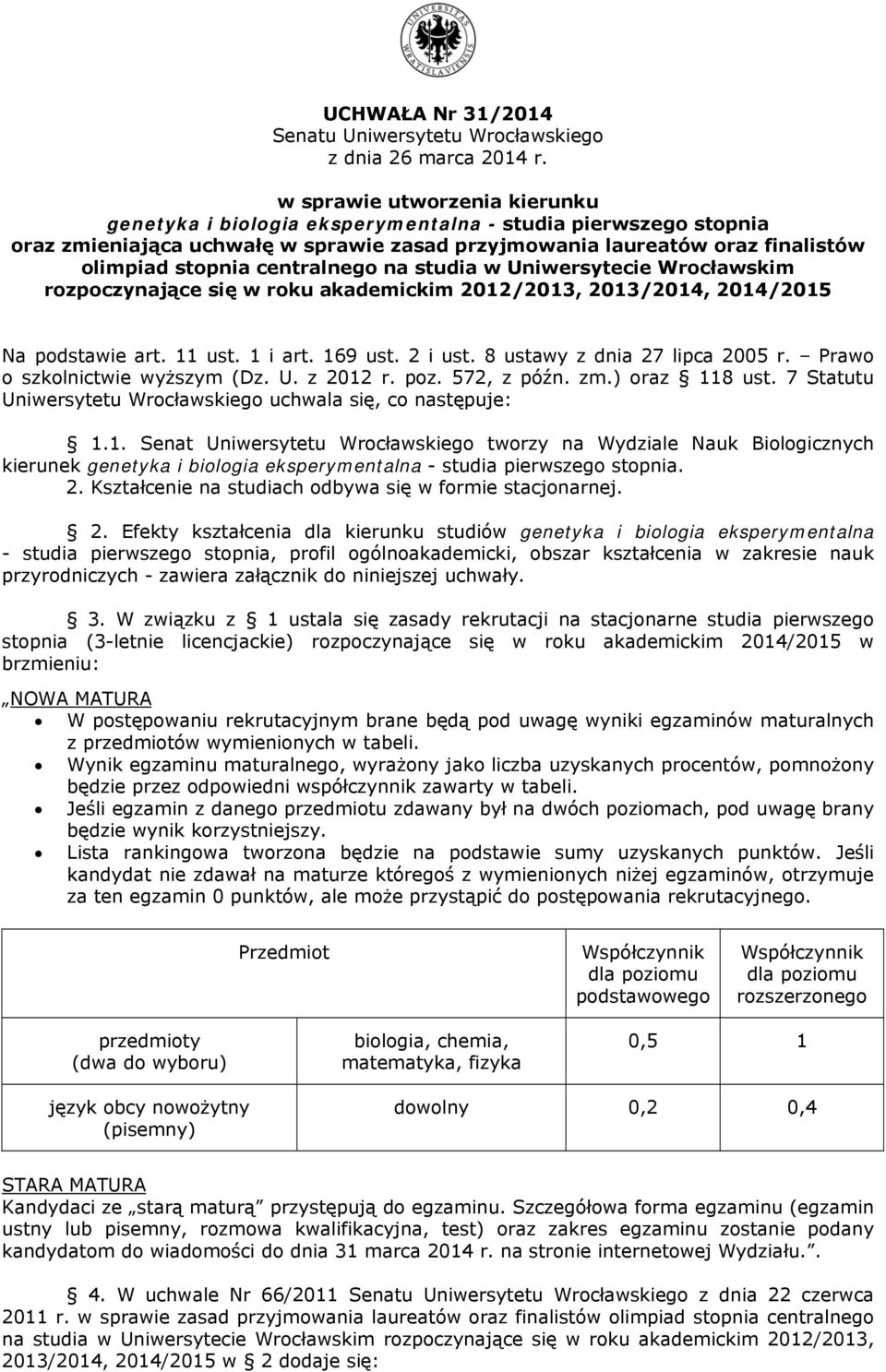 centralnego na studia w Uniwersytecie Wrocławskim rozpoczynające się w roku akademickim 2012/2013, 2013/2014, 2014/2015 Na podstawie art. 11 ust. 1 i art. 169 ust. 2 i ust.