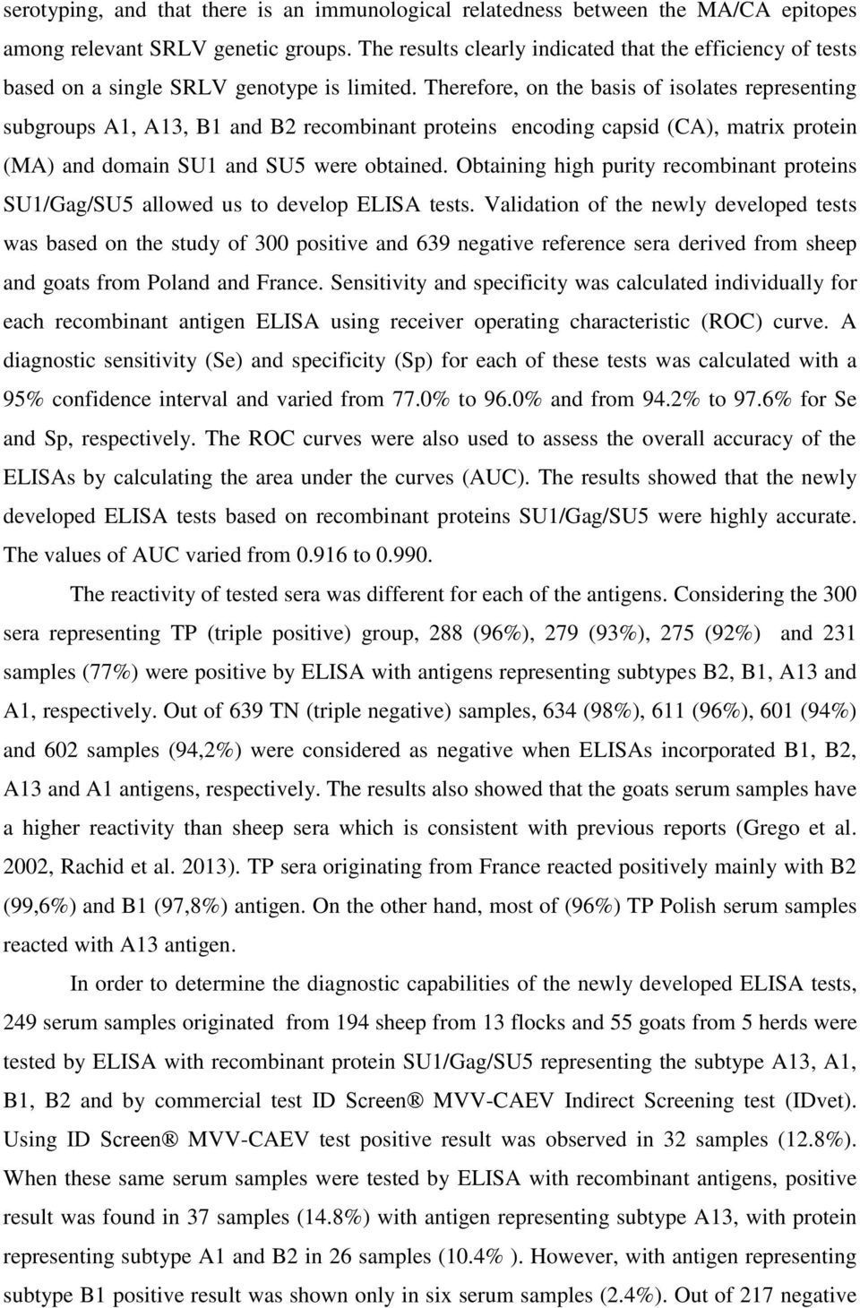 Therefore, on the basis of isolates representing subgroups A1, A13, B1 and B2 recombinant proteins encoding capsid (CA), matrix protein (MA) and domain SU1 and SU5 were obtained.