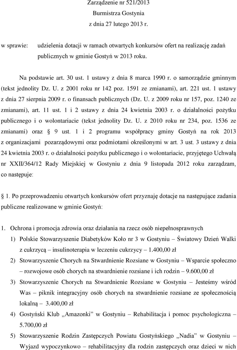 o finansach publicznych (Dz. U. z 2009 roku nr 157, poz. 1240 ze zmianami), art. 11 ust. 1 i 2 ustawy z dnia 24 kwietnia 2003 r.