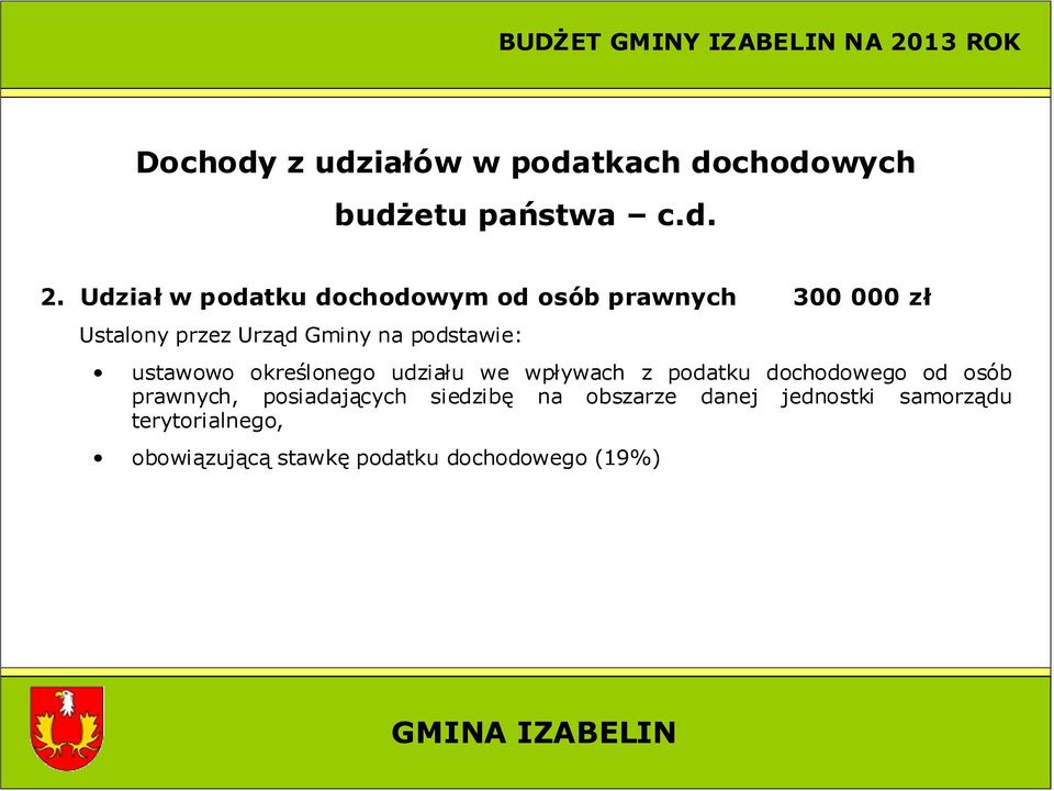 podstawie: ustawowo określonego udziału we wpływach z podatku dochodowego od osób prawnych,