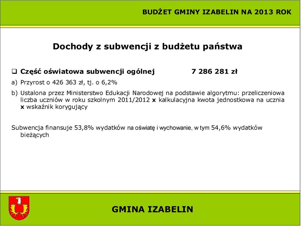 przeliczeniowa liczba uczniów w roku szkolnym 2011/2012 x kalkulacyjna kwota jednostkowa na ucznia x