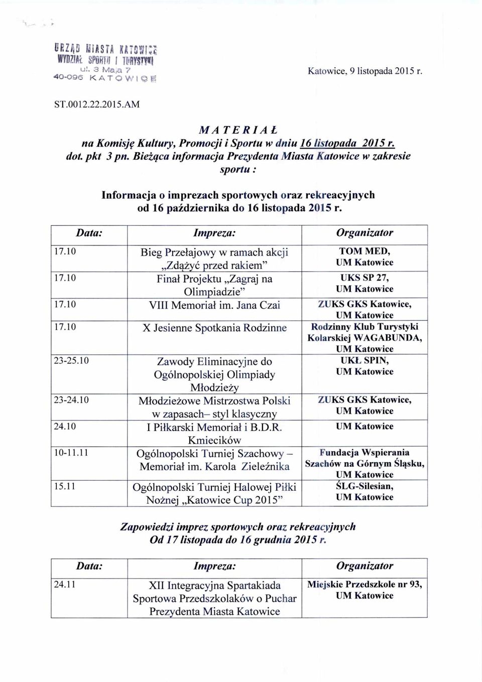 Data: Impreza: Organizator 17.10 Bieg Przełajowy w ramach akcji TOM MED, Zdążyć przed rakiem" 17.10 Finał Projektu Zagraj na UKS SP 27, Olimpiadzie" 17.10 VIII Memoriał im.