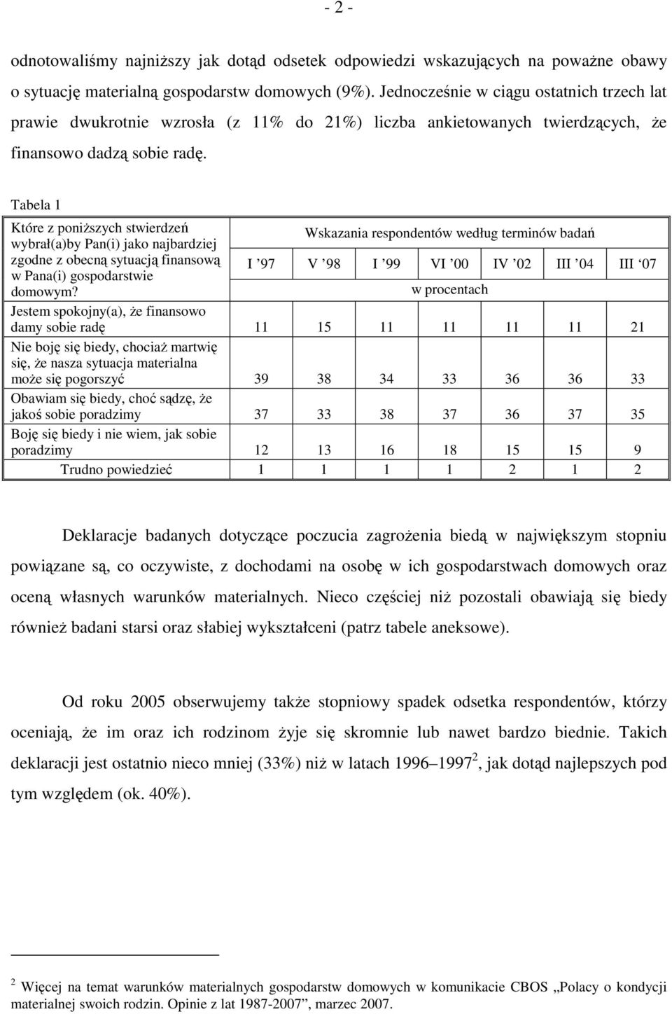 Tabela 1 Które z poniższych stwierdzeń wybrał(a)by Pan(i) jako najbardziej Wskazania respondentów według terminów badań zgodne z obecną sytuacją finansową I 97 V 98 I 99 VI 00 IV 02 III 04 III 07 w