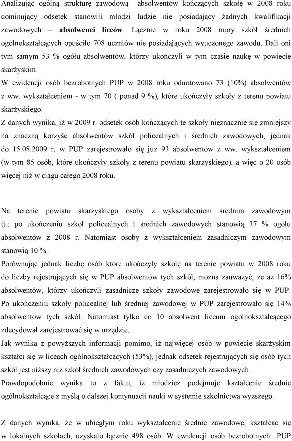 Dali oni tym samym 53 % ogółu absolwentów, którzy ukończyli w tym czasie naukę w powiecie skarŝyskim. W ewidencji osób bezrobotnych PUP w 2008 roku odnotowano 73 (10%) absolwentów z ww.