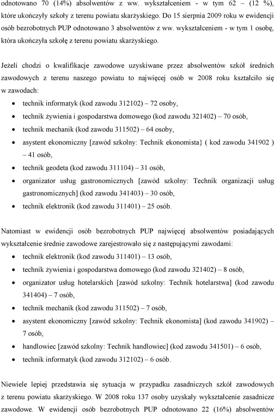 JeŜeli chodzi o kwalifikacje zawodowe uzyskiwane przez absolwentów szkół średnich zawodowych z terenu naszego powiatu to najwięcej osób w 2008 roku kształciło się w zawodach: technik informatyk (kod