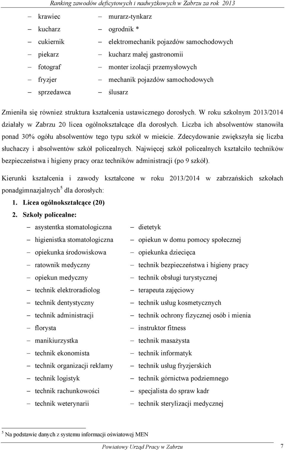 W roku szkolnym 2013/2014 działały w Zabrzu 20 licea ogólnokształcące dla dorosłych. Liczba ich absolwentów stanowiła ponad 30% ogółu absolwentów tego typu szkół w mieście.