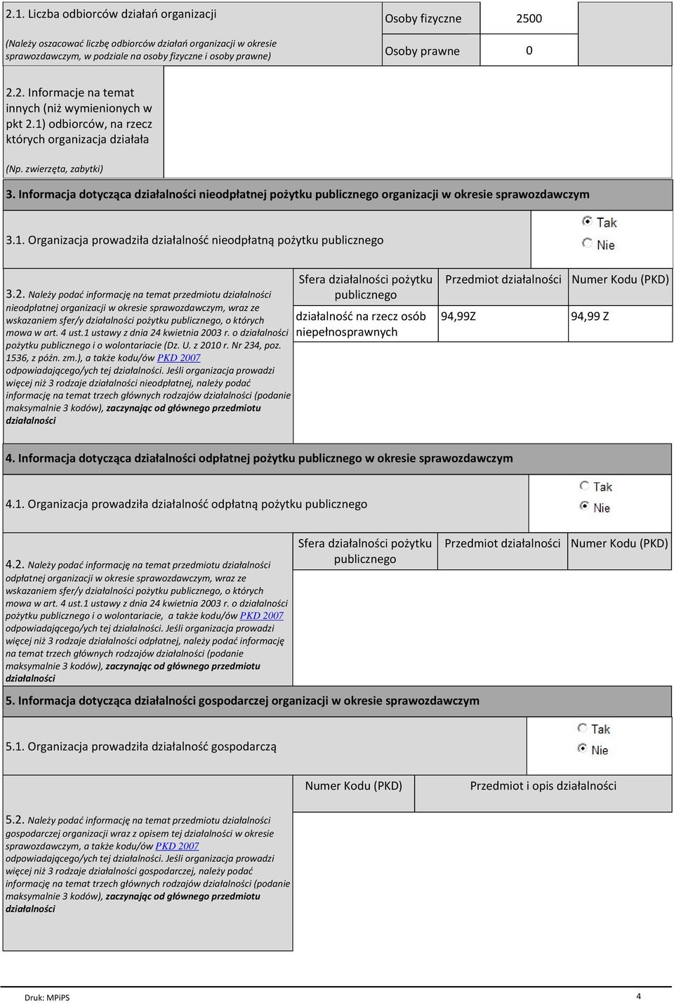 Informacja dotycz ca dziaіalnoњci nieodpіatnej poїytku publicznego organizacji w okresie sprawozdawczym 3.1. Organizacja prowadziіa dziaіalnoњж nieodpіatn poїytku publicznego 3.2.