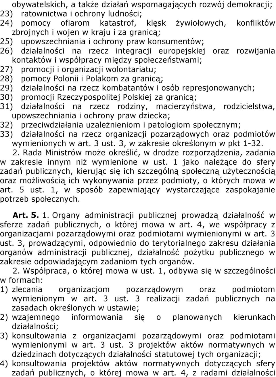 wolontariatu; 28) pomocy Polonii i Polakom za granicą; 29) działalności na rzecz kombatantów i osób represjonowanych; 30) promocji Rzeczypospolitej Polskiej za granicą; 31) działalności na rzecz