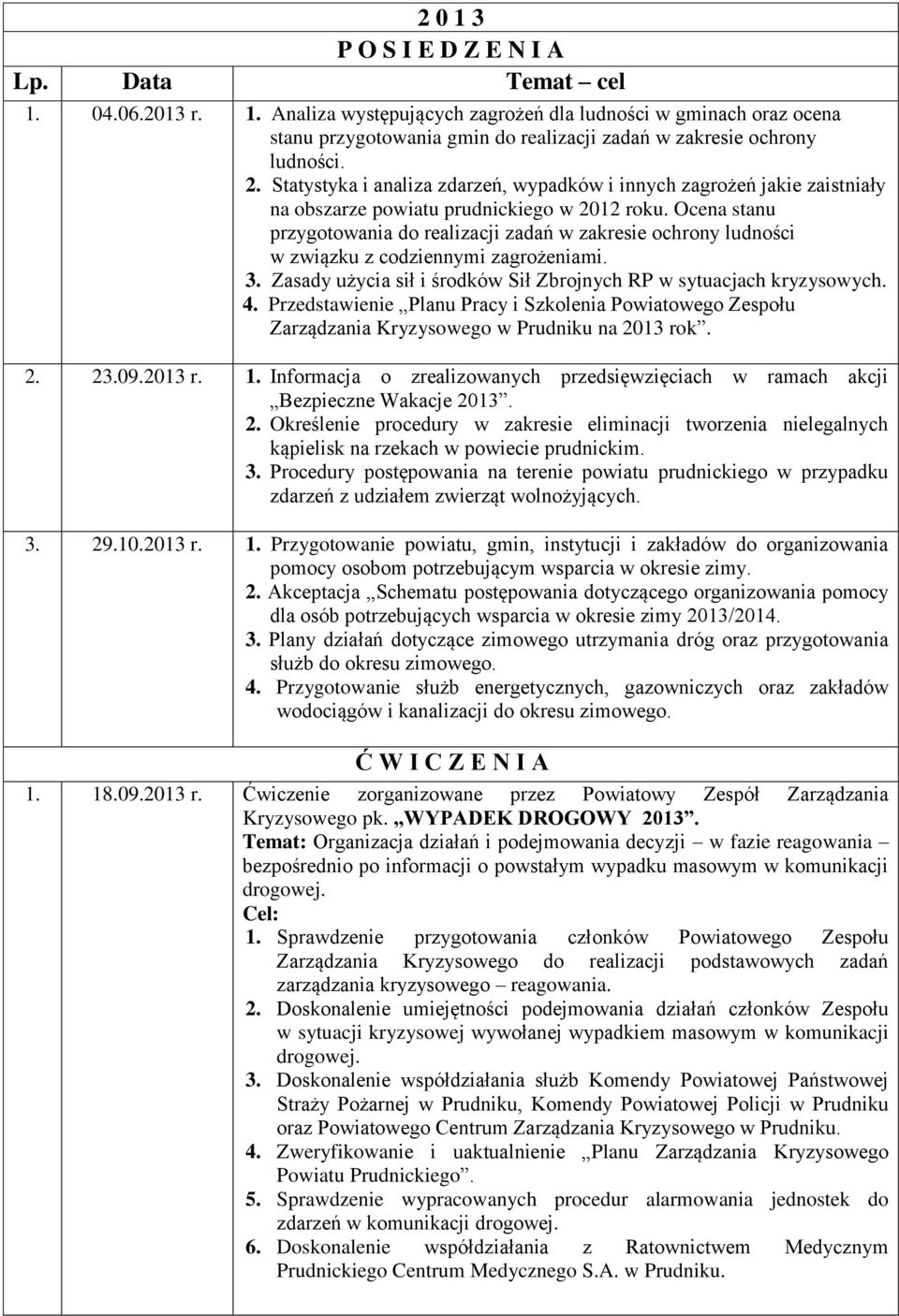 Zasady użycia sił i środków Sił Zbrojnych RP w sytuacjach kryzysowych. 4. Przedstawienie Planu Pracy i Szkolenia Powiatowego Zespołu Zarządzania Kryzysowego w Prudniku na 2013 rok. 2. 23.09.2013 r. 1.
