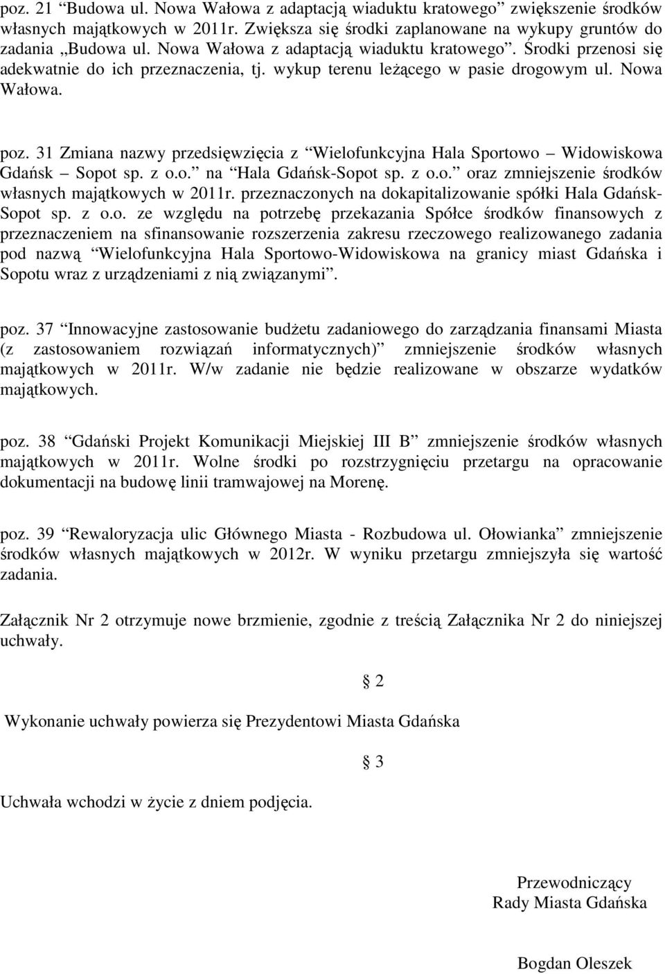 31 Zmiana nazwy przedsięwzięcia z Wielofunkcyjna Hala Sportowo Widowiskowa Gdańsk Sopot sp. z o.o. na Hala Gdańsk-Sopot sp. z o.o. oraz zmniejszenie środków własnych majątkowych w 2011r.