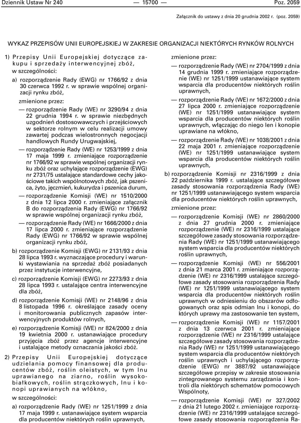 1766/92 z dnia 30 czerwca 1992 r. w sprawie wspólnej organizacji rynku zbó, rozporzàdzenie Rady (WE) nr 3290/94 z dnia 22 grudnia 1994 r.