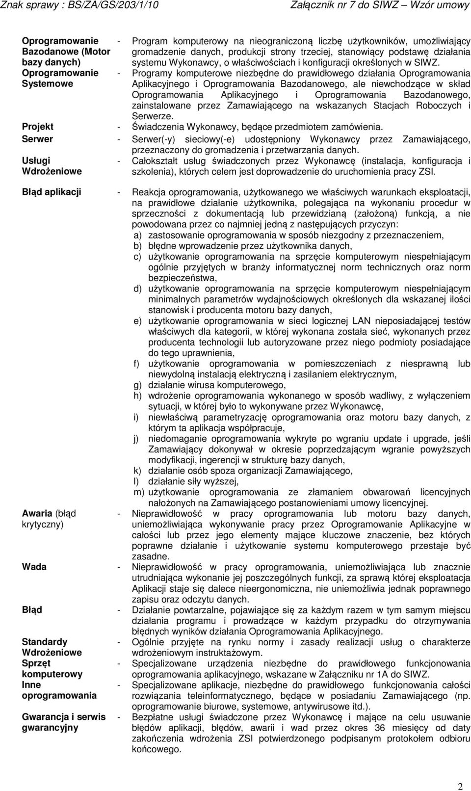 - Programy komputerowe niezbędne do prawidłowego działania Oprogramowania Aplikacyjnego i Oprogramowania Bazodanowego, ale niewchodzące w skład Oprogramowania Aplikacyjnego i Oprogramowania