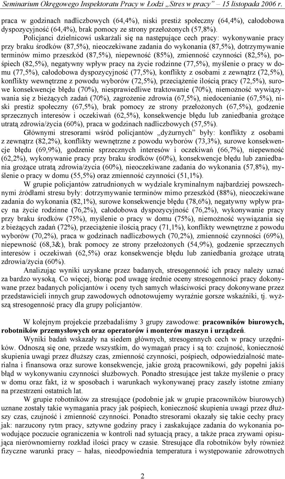 (87,5%), niepewność (85%), zmienność czynności (82,5%), pośpiech (82,5%), negatywny wpływ pracy na życie rodzinne (77,5%), myślenie o pracy w domu (77,5%), całodobowa dyspozycyjność (77,5%),
