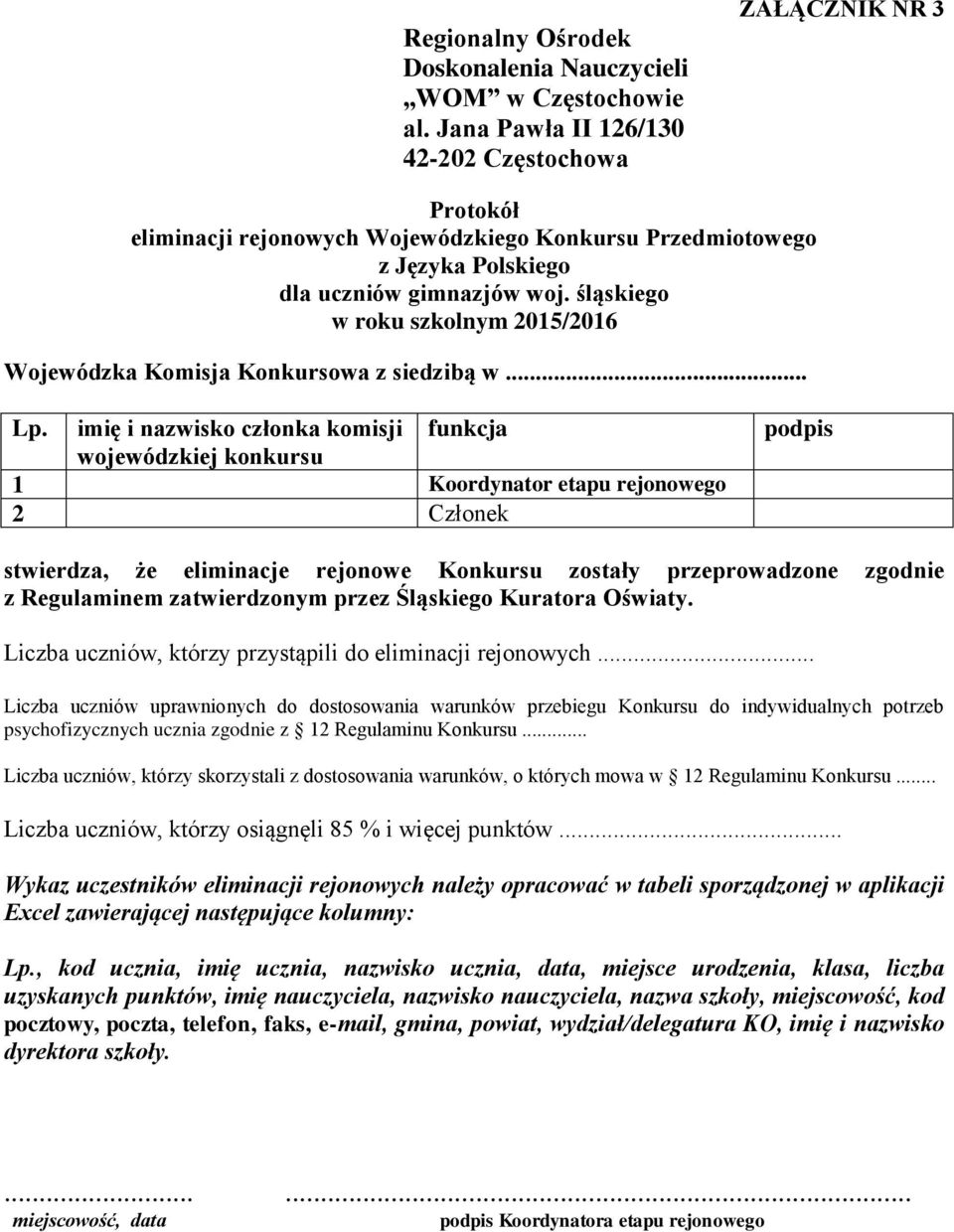 imię i nazwisko członka komisji wojewódzkiej konkursu funkcja 1 Koordynator etapu rejonowego 2 Członek podpis stwierdza, że eliminacje rejonowe Konkursu zostały przeprowadzone zgodnie z Regulaminem