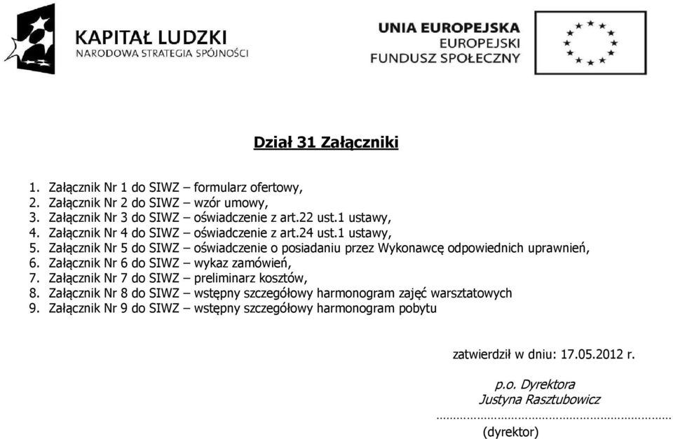 Załącznik Nr 5 do SIWZ oświadczenie o posiadaniu przez Wykonawcę odpowiednich uprawnień, 6. Załącznik Nr 6 do SIWZ wykaz zamówień, 7.