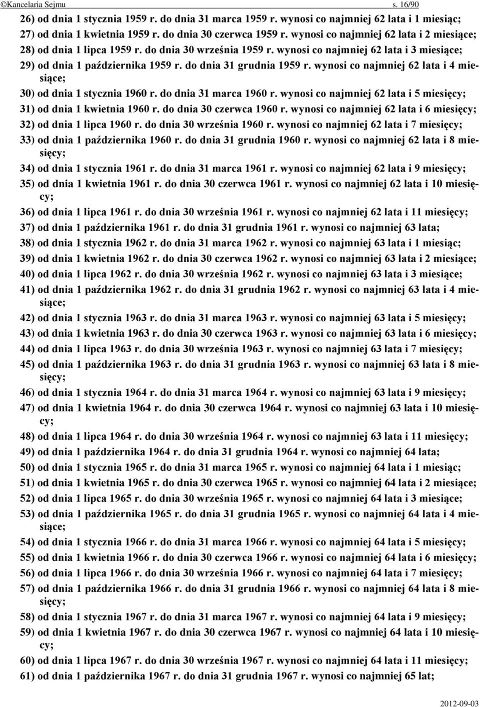 wynosi co najmniej 62 lata i 4 miesiące; 30) od dnia 1 stycznia 1960 r. do dnia 31 marca 1960 r. wynosi co najmniej 62 lata i 5 miesięcy; 31) od dnia 1 kwietnia 1960 r. do dnia 30 czerwca 1960 r.