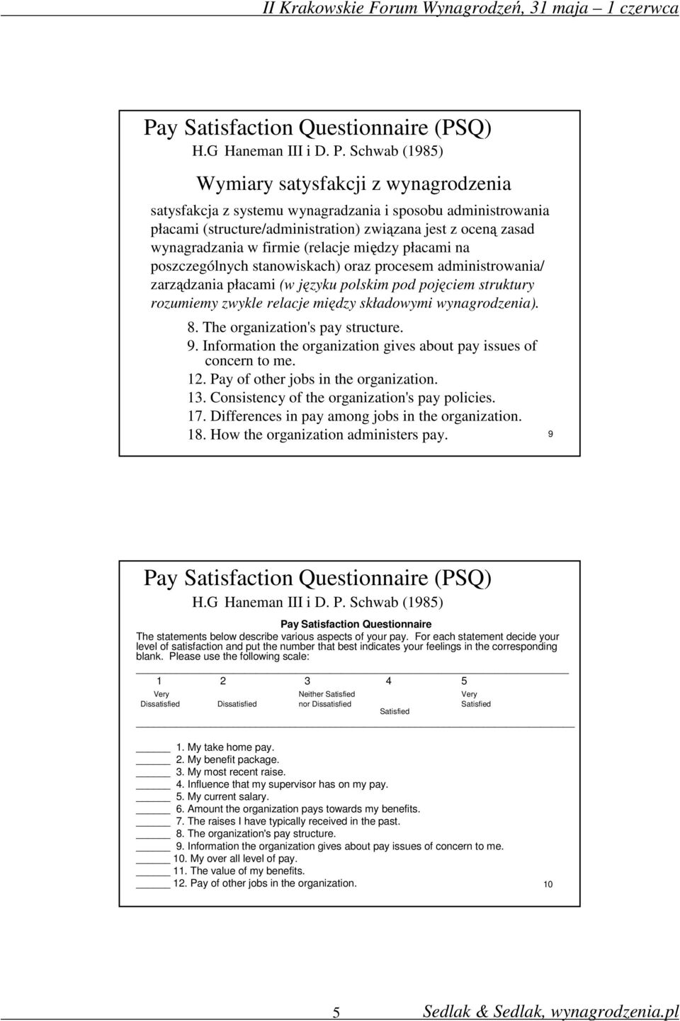 The organization's pay structure. 9. Information the organization gives about pay issues of concern to me. 12. Pay of other jobs in the organization. 13.