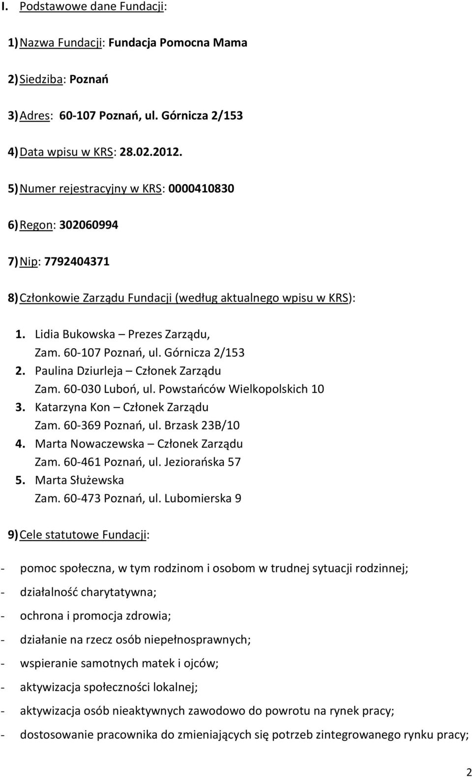 60-107 Poznań, ul. Górnicza 2/153 2. Paulina Dziurleja Członek Zarządu Zam. 60-030 Luboń, ul. Powstańców Wielkopolskich 10 3. Katarzyna Kon Członek Zarządu Zam. 60-369 Poznań, ul. Brzask 23B/10 4.