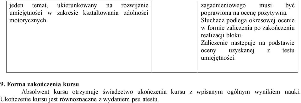 Słuchacz podlega okresowej ocenie w formie zaliczenia po zakończeniu bloku.