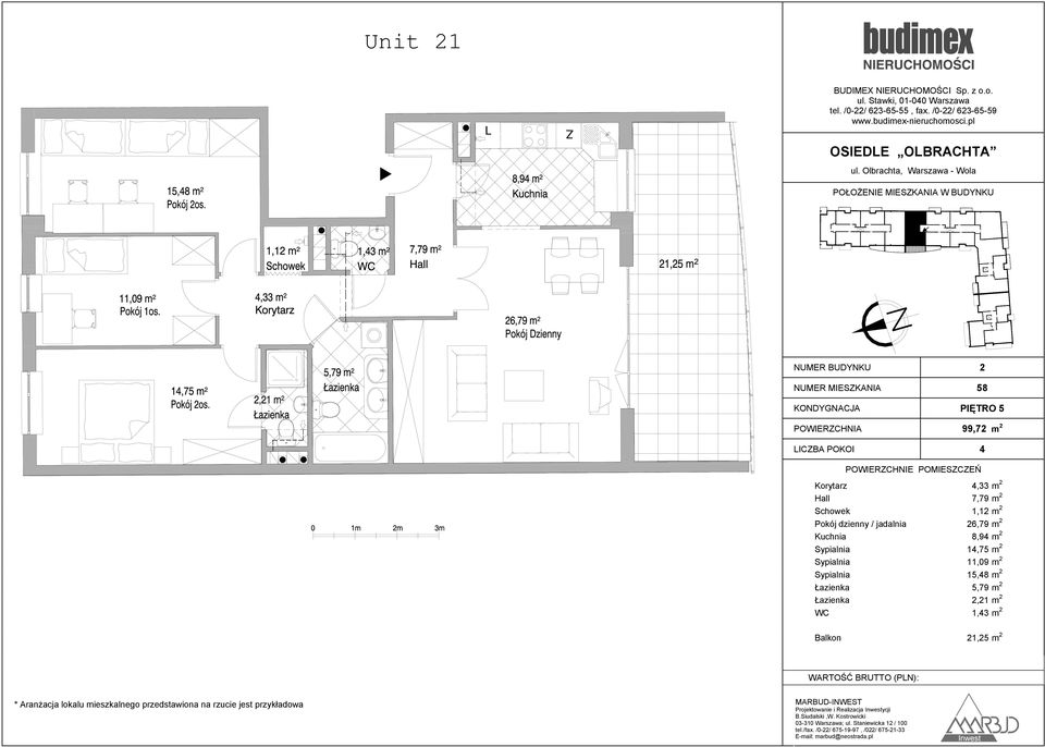 99,7 m Korytarz 4,33 m Hall 7,79 m Schowek 1,1 m Pokój dzienny / jadalnia 6,79 m