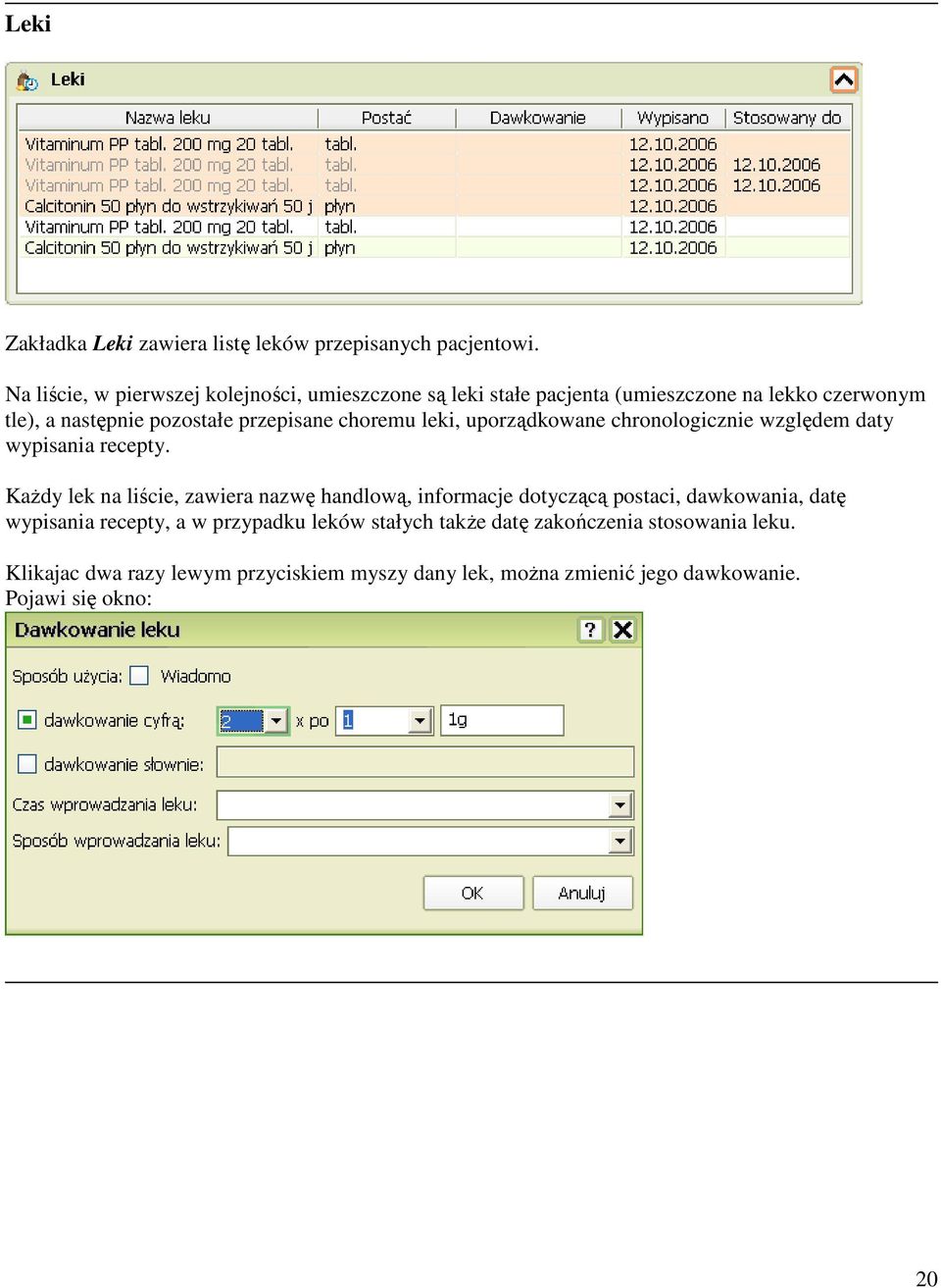 choremu leki, uporządkowane chronologicznie względem daty wypisania recepty.