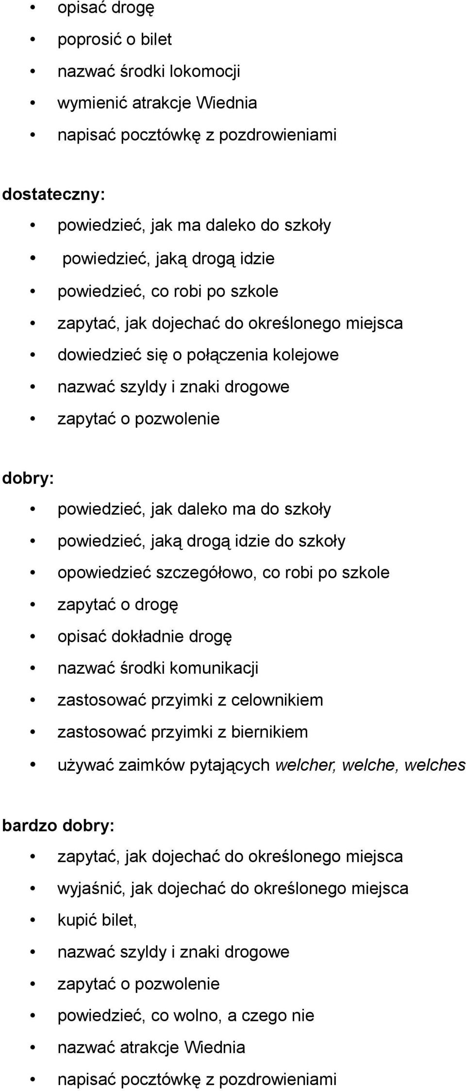 drogą idzie do szkoły opowiedzieć szczegółowo, co robi po szkole zapytać o drogę opisać dokładnie drogę nazwać środki komunikacji zastosować przyimki z celownikiem zastosować przyimki z biernikiem