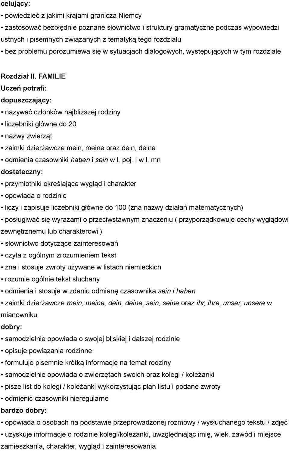 FAMILIE nazywać członków najbliższej rodziny liczebniki główne do 20 nazwy zwierząt zaimki dzierżawcze mein, meine oraz dein, deine odmienia czasowniki haben i sein w l. poj. i w l.