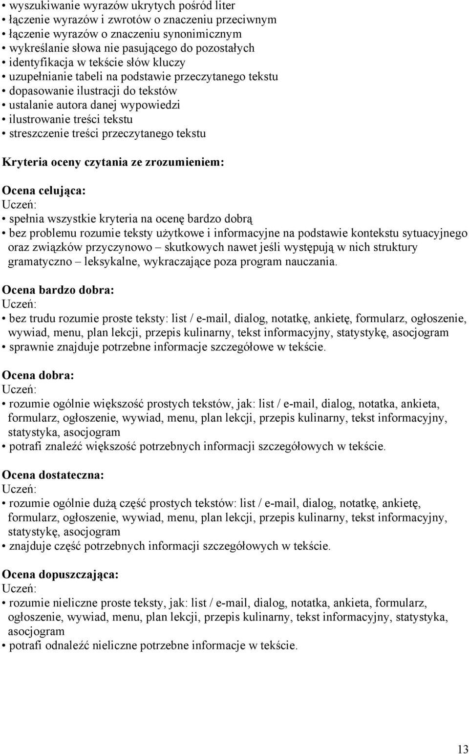 przeczytanego tekstu Kryteria oceny czytania ze zrozumieniem: Ocena celująca: spełnia wszystkie kryteria na ocenę bardzo dobrą bez problemu rozumie teksty użytkowe i informacyjne na podstawie