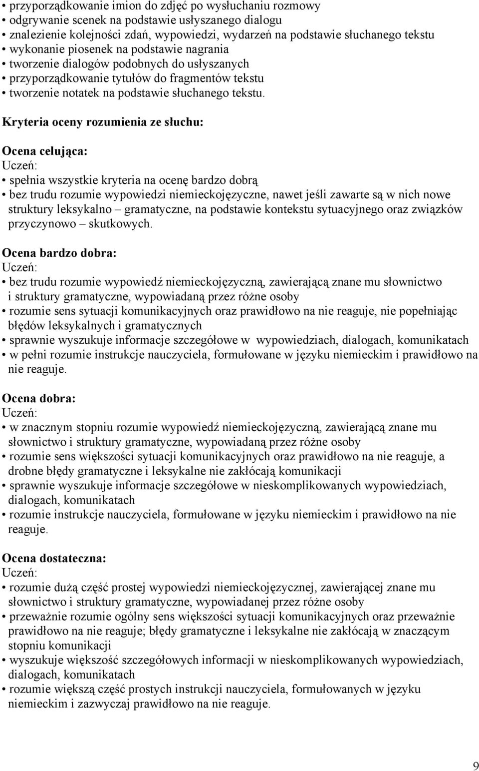 Kryteria oceny rozumienia ze słuchu: Ocena celująca: spełnia wszystkie kryteria na ocenę bardzo dobrą bez trudu rozumie wypowiedzi niemieckojęzyczne, nawet jeśli zawarte są w nich nowe struktury