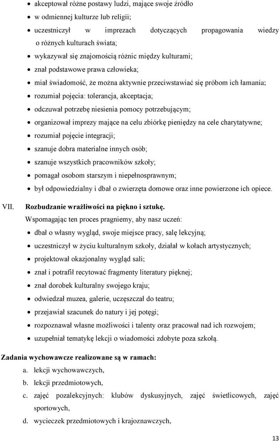 niesienia pomocy potrzebującym; organizował imprezy mające na celu zbiórkę pieniędzy na cele charytatywne; rozumiał pojęcie integracji; szanuje dobra materialne innych osób; szanuje wszystkich
