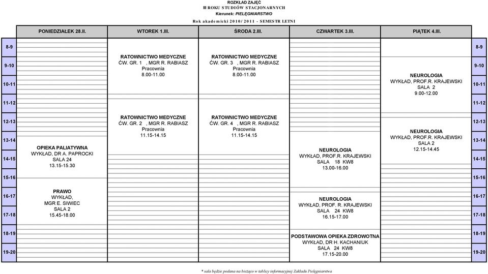 RABIASZ WYKŁAD, PROF.R. KRAJEWSKI SALA 18 KW8 13.00-16.00 WYKŁAD, PROF.R. KRAJEWSKI 12.15-14.45 WYKŁAD, MGR E. SIWIEC 15.45-18.