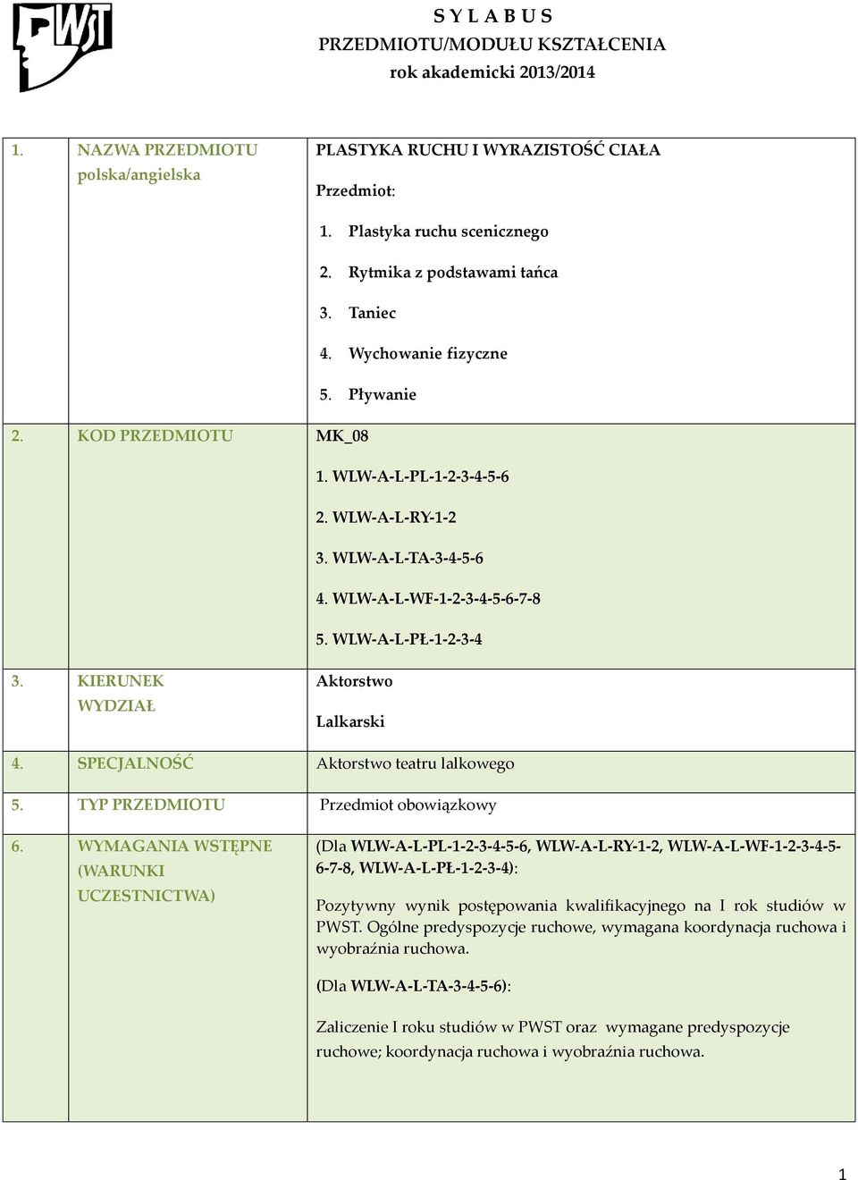WLW-A-L-PŁ--2-3-4 3. KIERUNEK WYDZIAŁ Aktorstwo Lalkarski 4. SPECJALNOŚĆ Aktorstwo teatru lalkowego 5. TYP PRZEDMIOTU Przedmiot obowiązkowy 6.