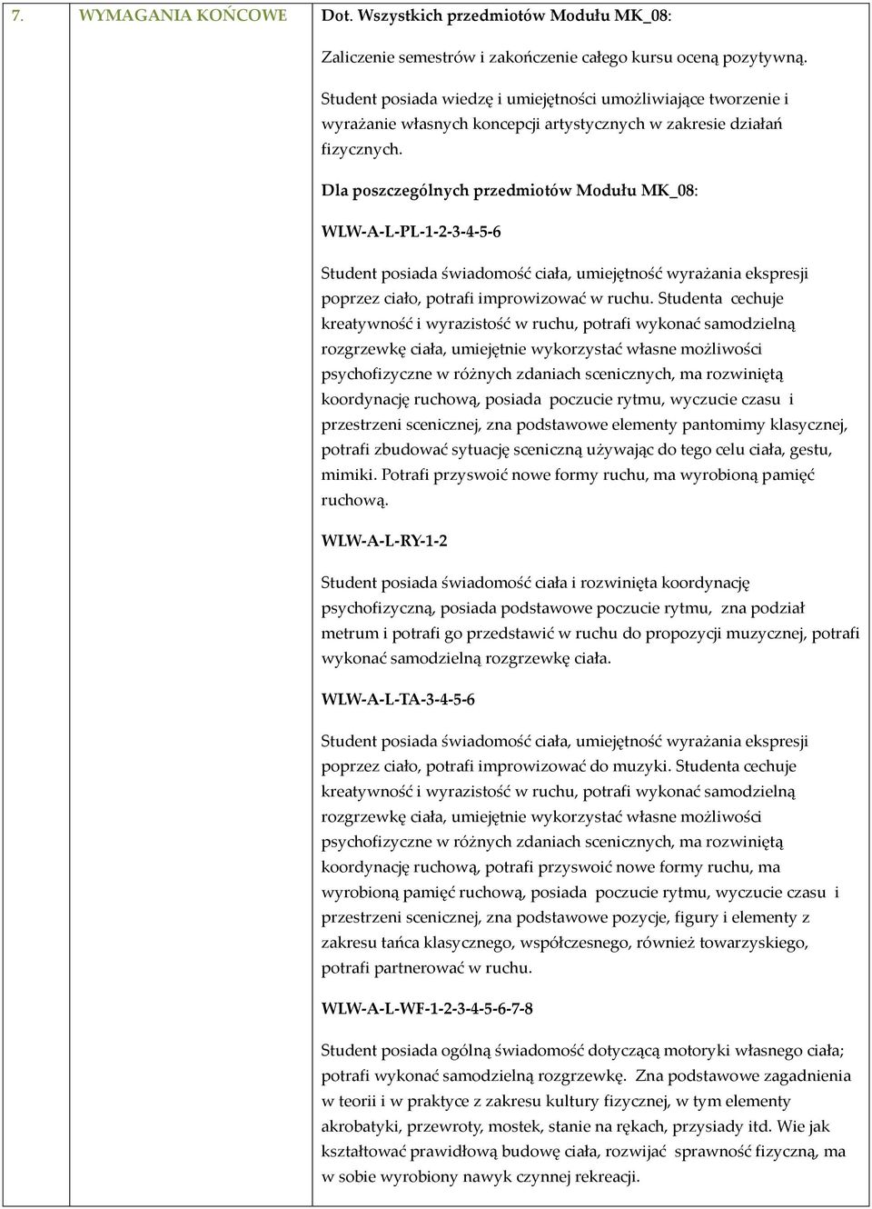 Dla poszczególnych przedmiotów Modułu MK_08: WLW-A-L-PL--2-3-4-5-6 Student posiada świadomość ciała, umiejętność wyrażania ekspresji poprzez ciało, potrafi improwizować w ruchu.