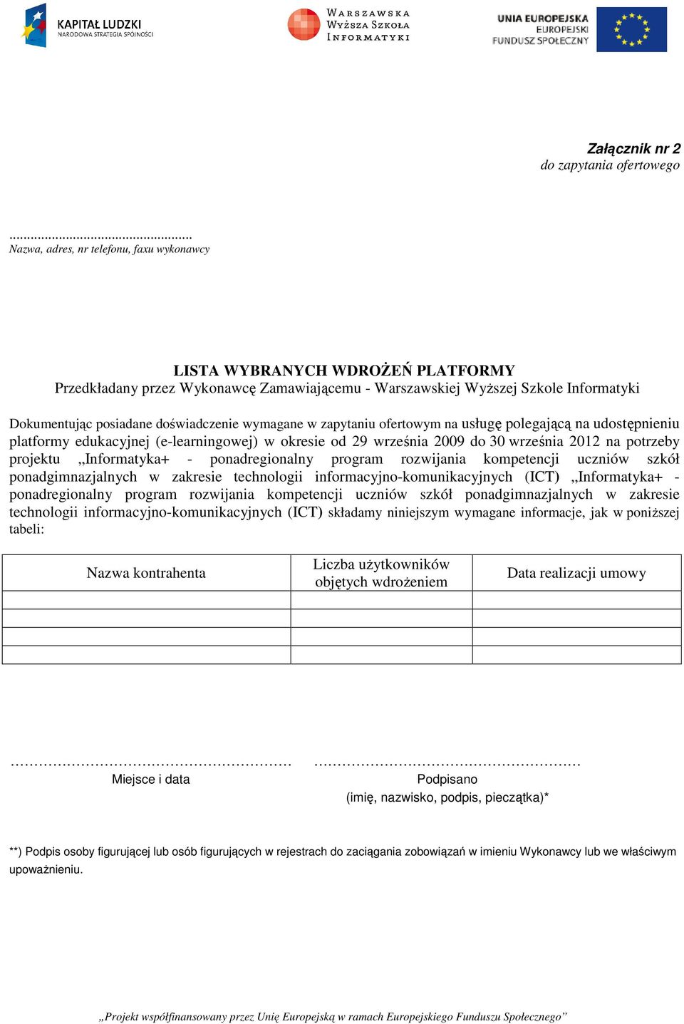 doświadczenie wymagane w zapytaniu ofertowym na usługę polegającą na udostępnieniu platformy edukacyjnej (e-learningowej) w okresie od 29 września 2009 do 30 września 2012 na potrzeby projektu