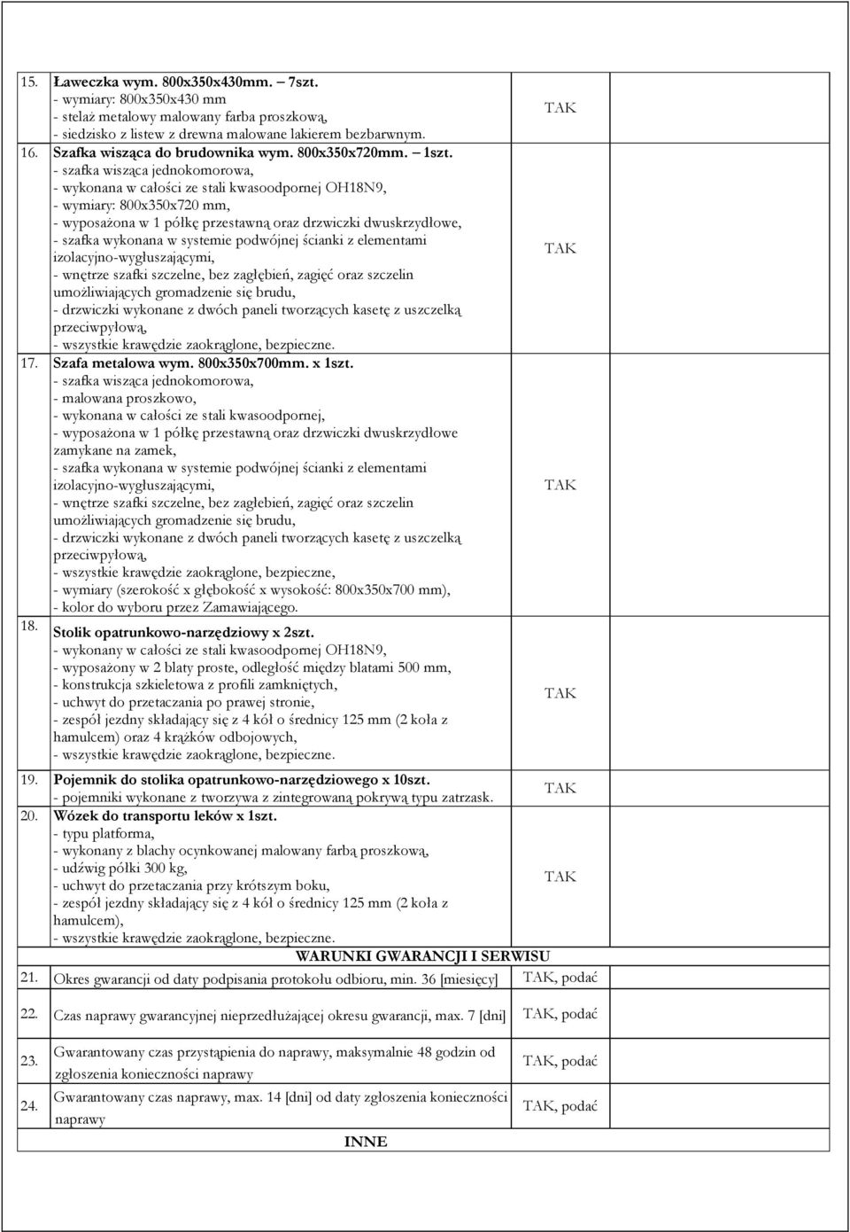 - szafka wisząca jednokomorowa, - wykonana w całości ze stali kwasoodpornej OH18N9, - wymiary: 800x350x720 mm, - wyposażona w 1 półkę przestawną oraz drzwiczki dwuskrzydłowe, - szafka wykonana w