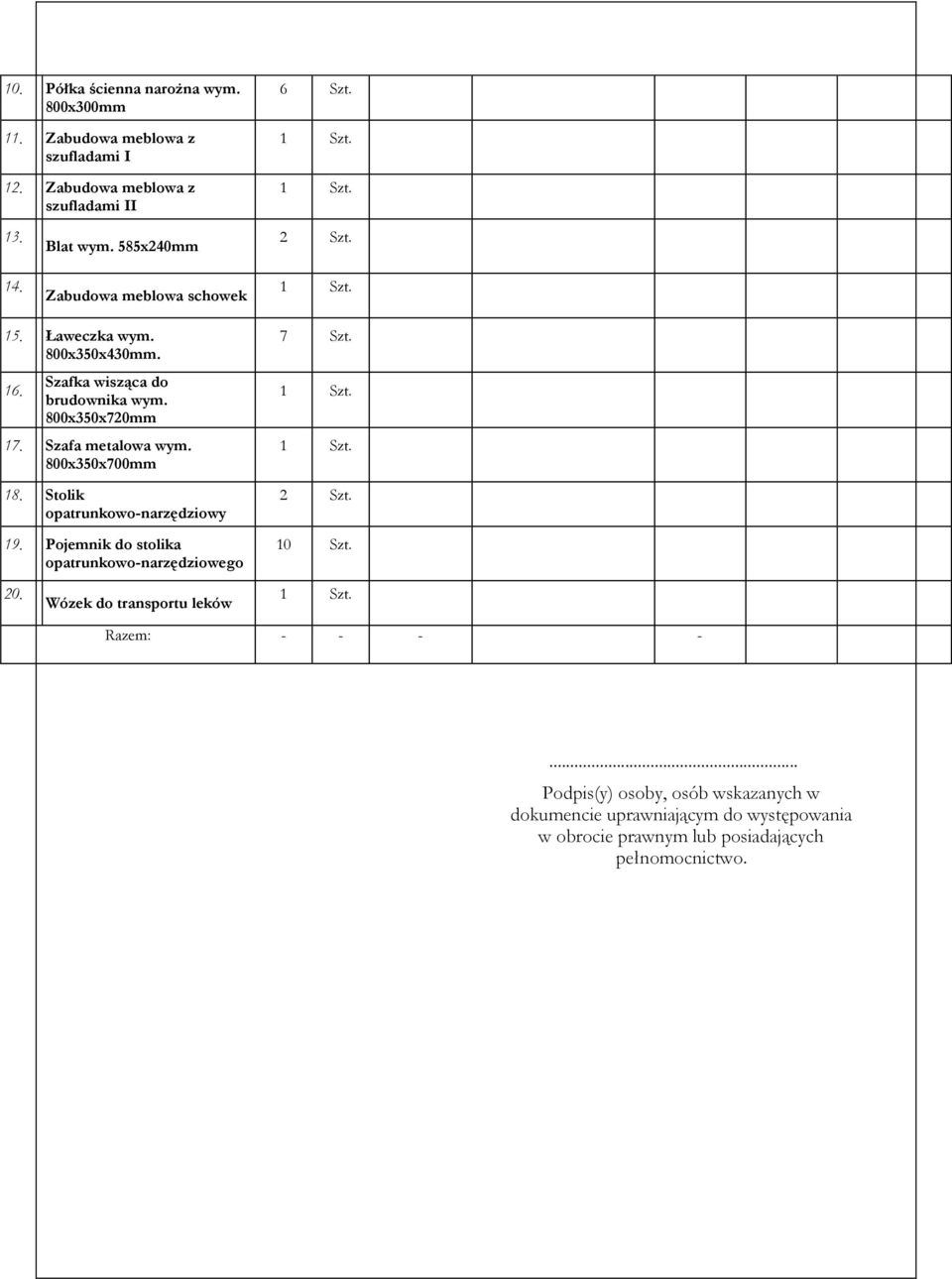 Szafa metalowa wym. 800x350x700mm 18. Stolik opatrunkowo-narzędziowy 19. Pojemnik do stolika opatrunkowo-narzędziowego 7 Szt. 2 Szt. 10 Szt. 20.