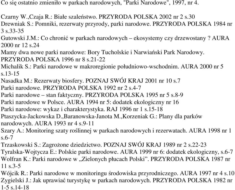 24 Mamy dwa nowe parki narodowe: Bory Tucholskie i Narwiański Park Narodowy. PRZYRODA POLSKA 1996 nr 8 s.21-22 Michalik S.: Parki narodowe w makroregionie południowo-wschodnim. AURA 2000 nr 5 s.