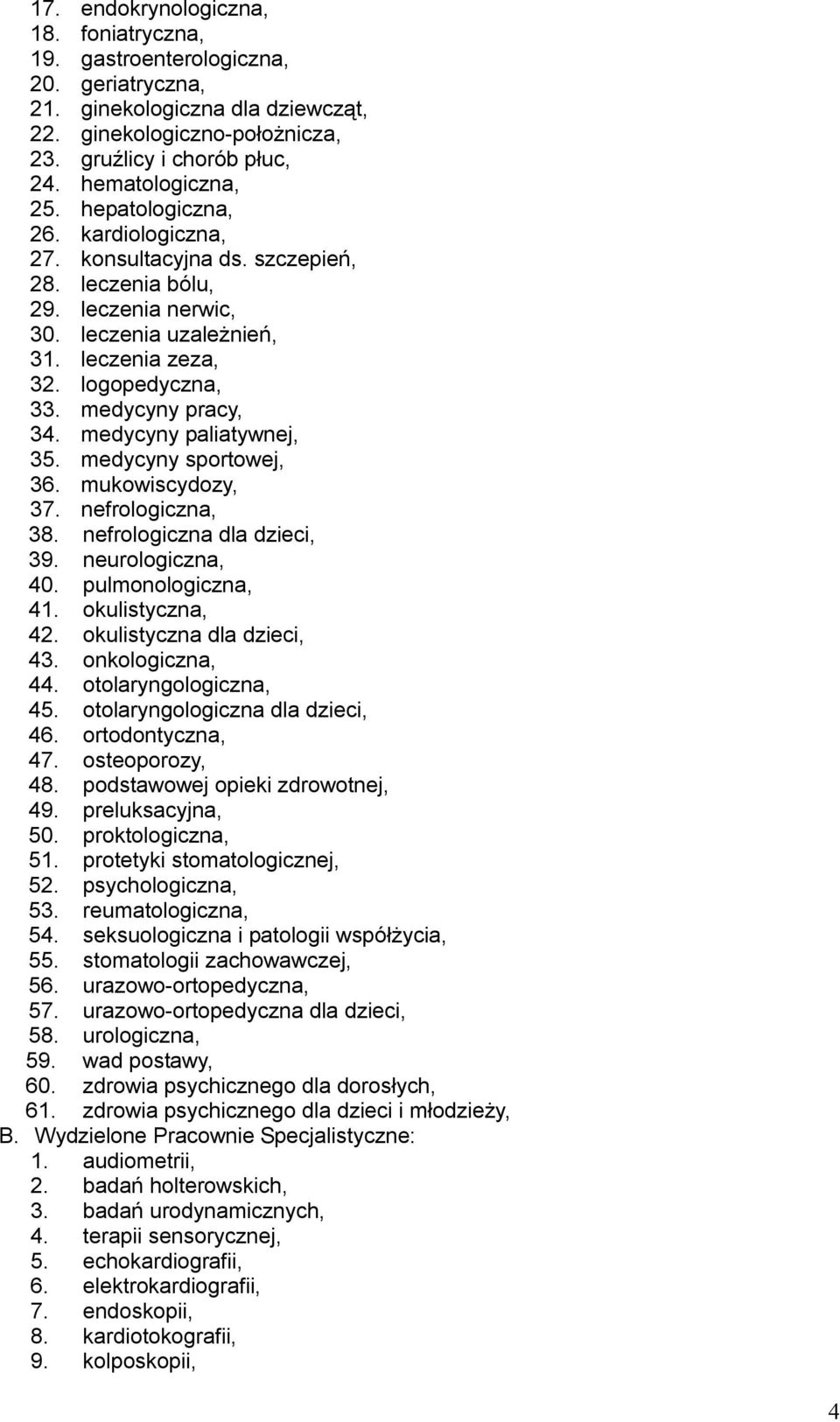 medycyny pracy, 34. medycyny paliatywnej, 35. medycyny sportowej, 36. mukowiscydozy, 37. nefrologiczna, 38. nefrologiczna dla dzieci, 39. neurologiczna, 40. pulmonologiczna, 41. okulistyczna, 42.