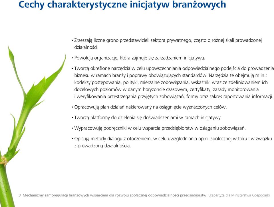 Tworzą określone narzędzia w celu upowszechniania odpowiedzialnego podejścia do prowadzenia biznesu w ramach branży i poprawy obowiązujących standardów. Narzędzia te obejmują m.in.