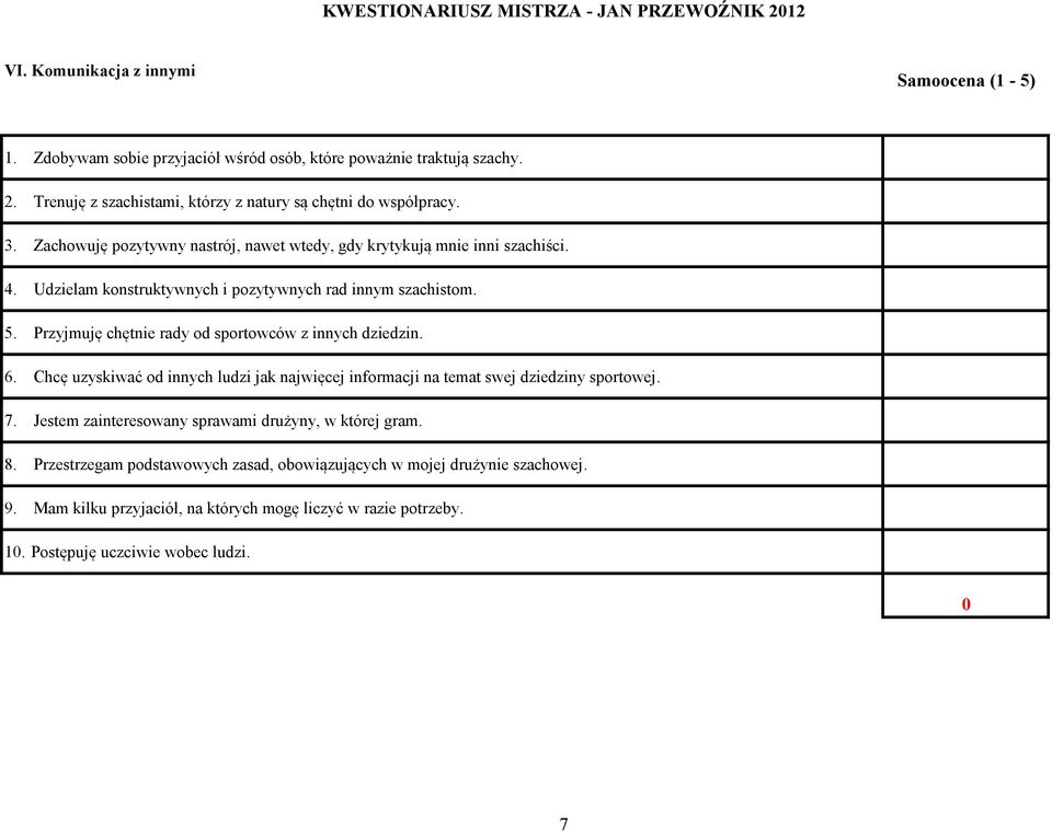 Przyjmuję chętnie rady od sportowców z innych dziedzin. 6. Chcę uzyskiwać od innych ludzi jak najwięcej informacji na temat swej dziedziny sportowej. 7.