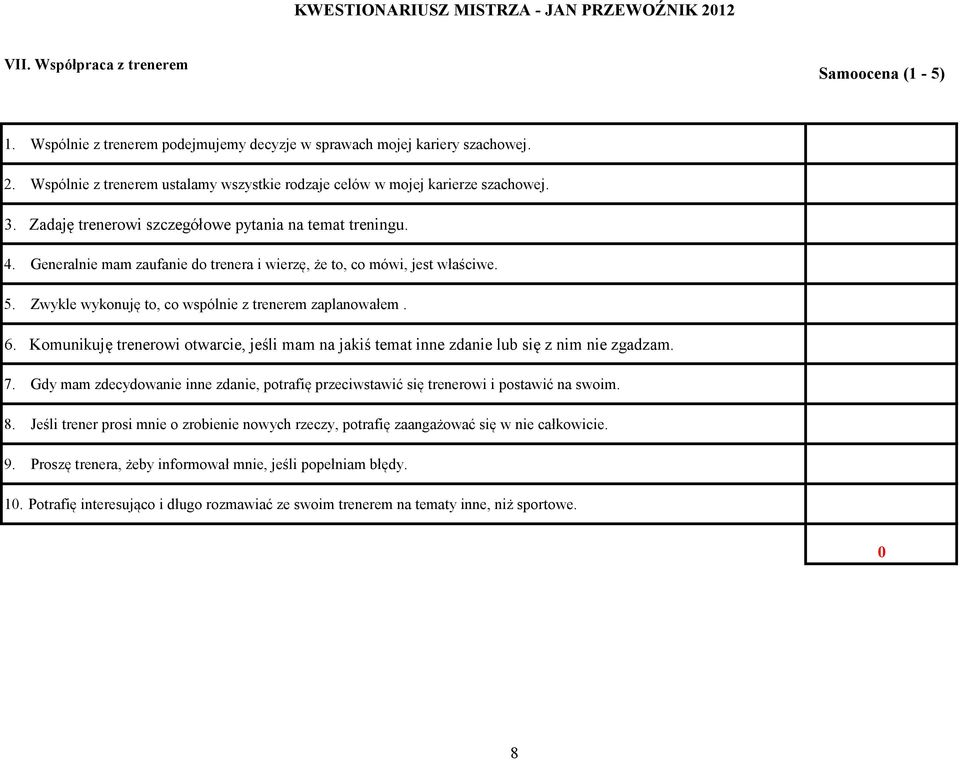Komunikuję trenerowi otwarcie, jeśli mam na jakiś temat inne zdanie lub się z nim nie zgadzam. 7. Gdy mam zdecydowanie inne zdanie, potrafię przeciwstawić się trenerowi i postawić na swoim. 8.