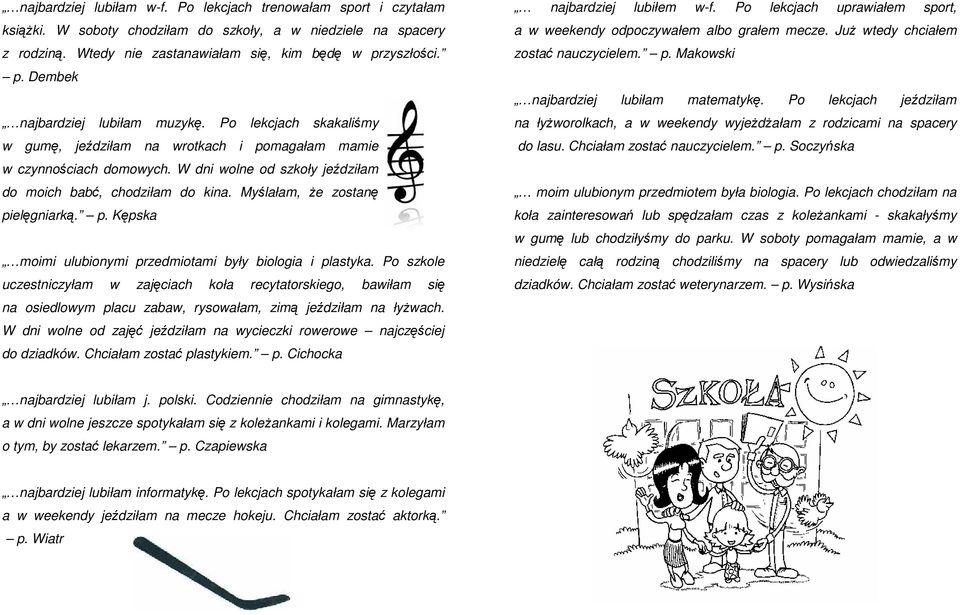 W dni wolne od szkoły jeździłam do moich babć, chodziłam do kina. Myślałam, że zostanę pielęgniarką. p. Kępska moimi ulubionymi przedmiotami były biologia i plastyka.