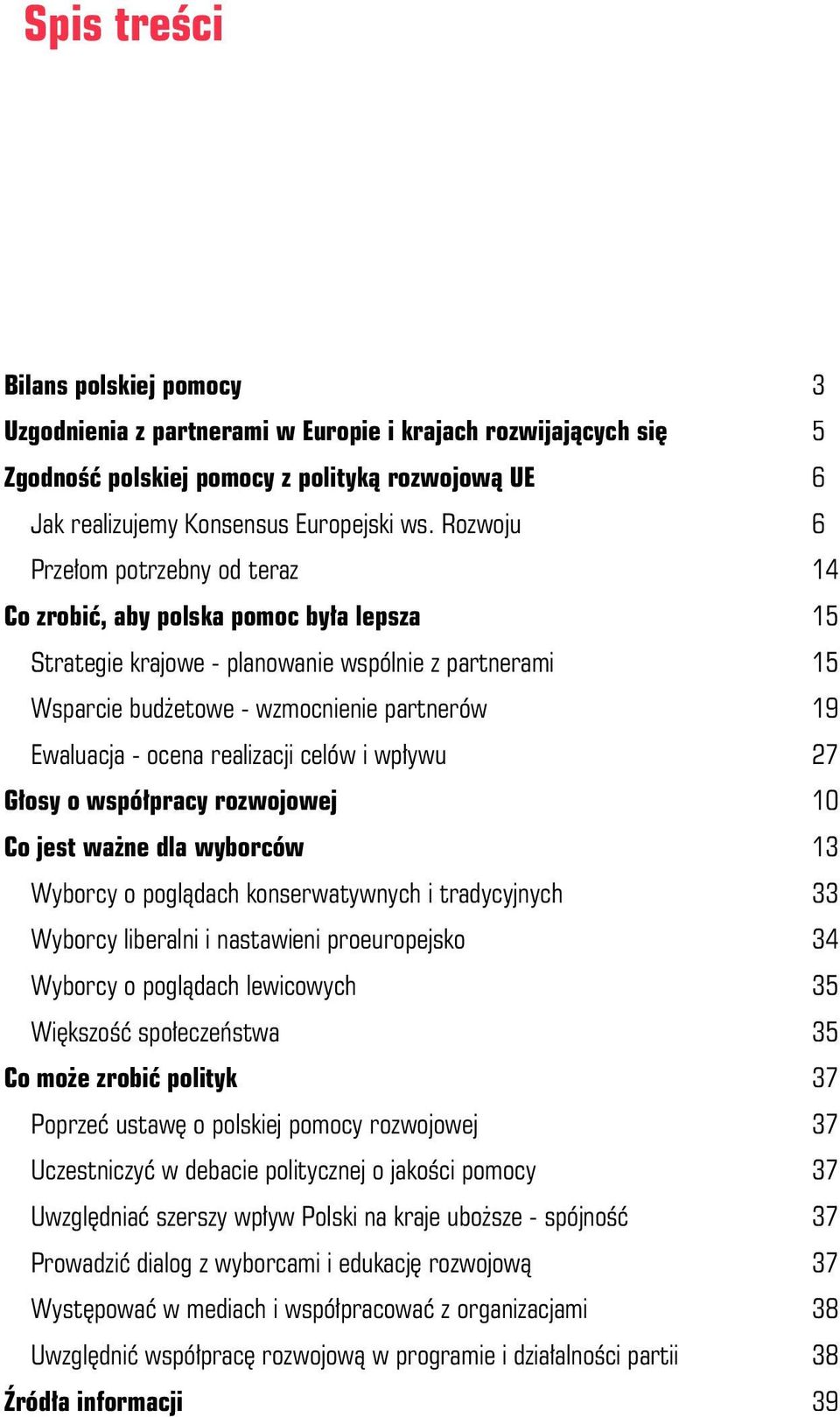 ocena realizacji celów i wpływu 27 Głosy o współpracy rozwojowej 10 Co jest ważne dla wyborców 13 Wyborcy o poglądach konserwatywnych i tradycyjnych 33 Wyborcy liberalni i nastawieni proeuropejsko 34