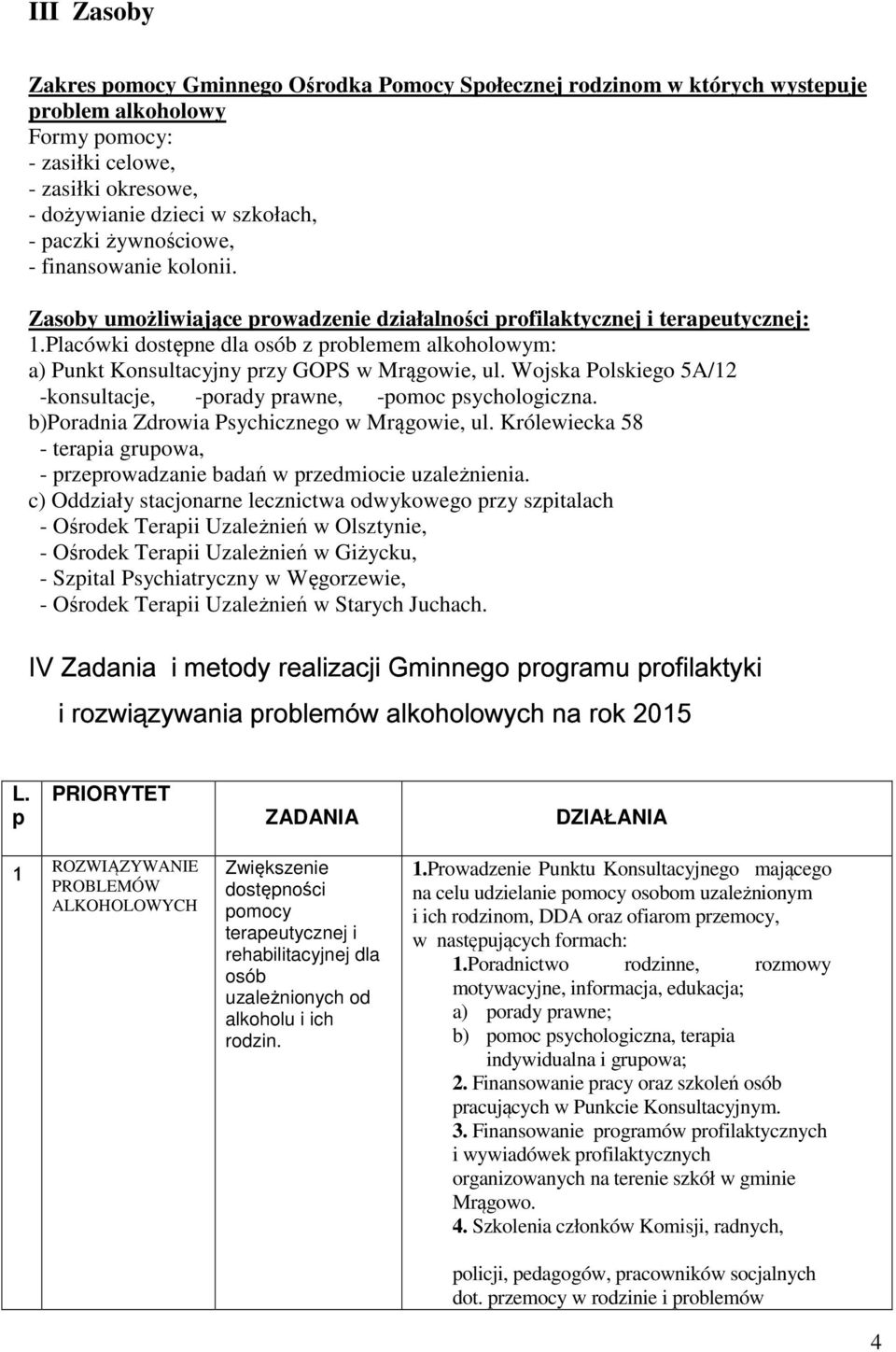 Placówki dostępne dla osób z problemem alkoholowym: a) Punkt Konsultacyjny przy GOPS w Mrągowie, ul. Wojska Polskiego 5A/12 -konsultacje, -porady prawne, -pomoc psychologiczna.