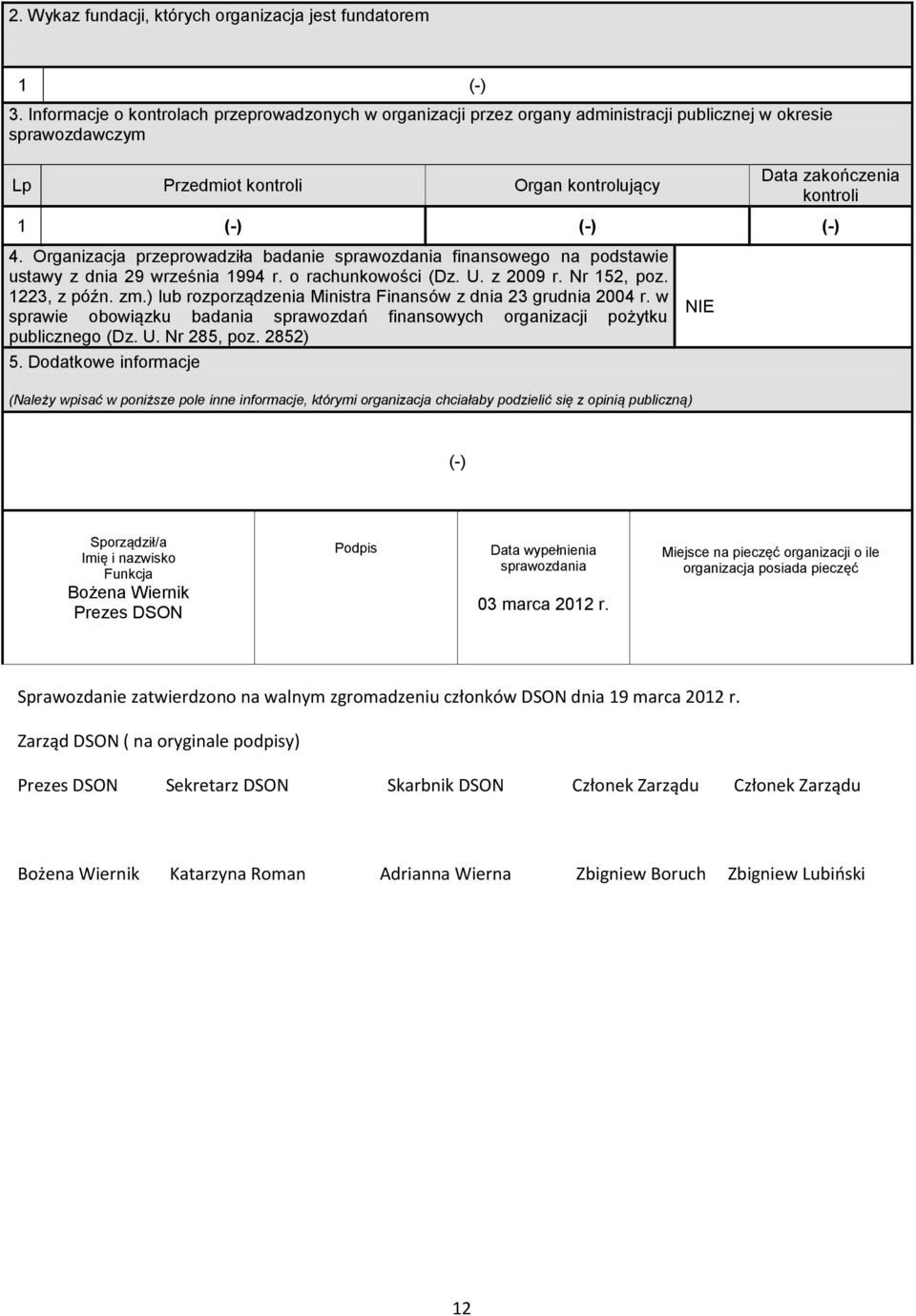 Organizacja przeproadziła badanie spraozdania finansoego na podstaie ustay z dnia 29 rześnia 1994 r. o rachunkoości (Dz. U. z 2009 r. Nr 152, poz. 1223, z późn. zm.